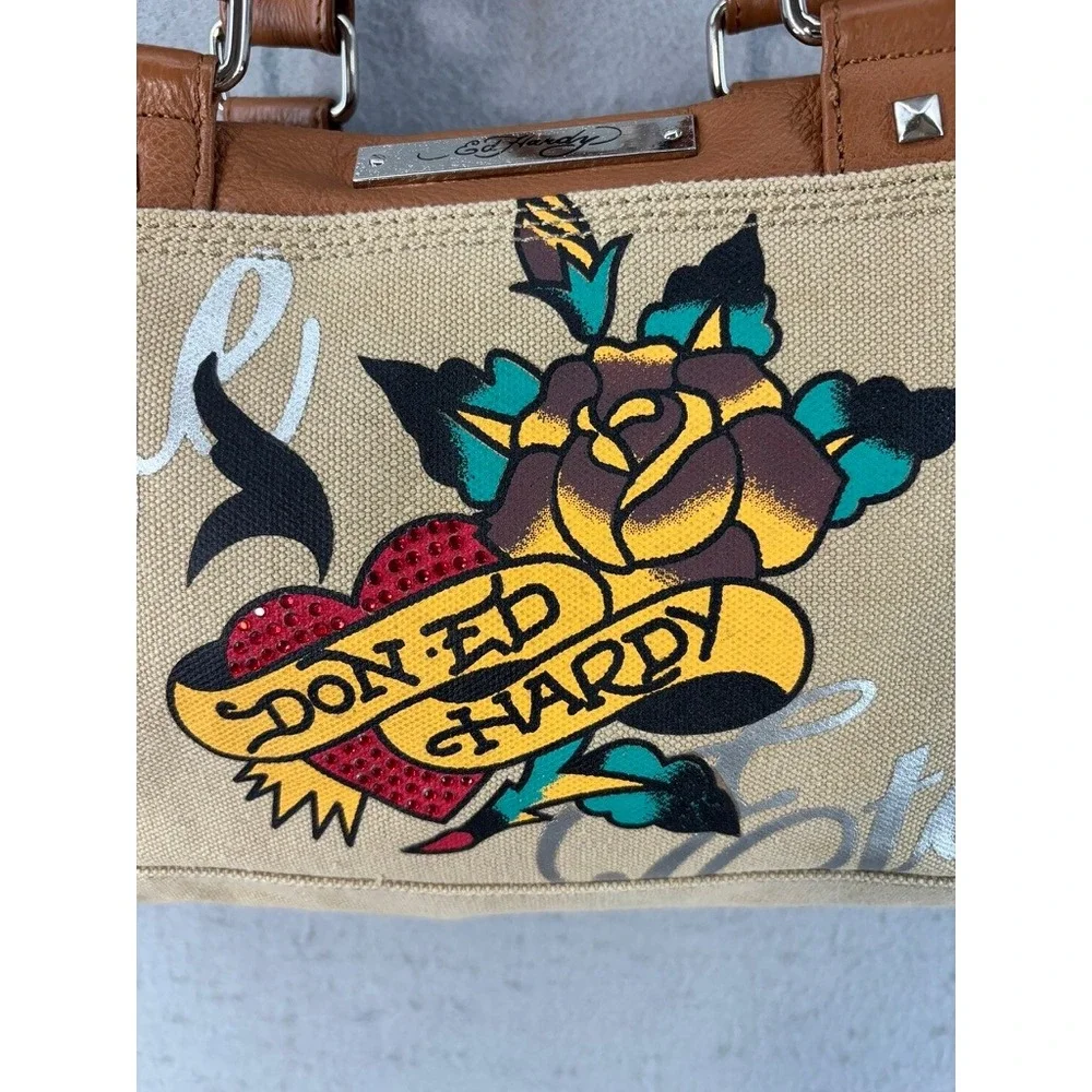 Ed Hardy Satchel Bag Tan Tattoo Graphic Rhinestone Love Eternal Y2K Retro